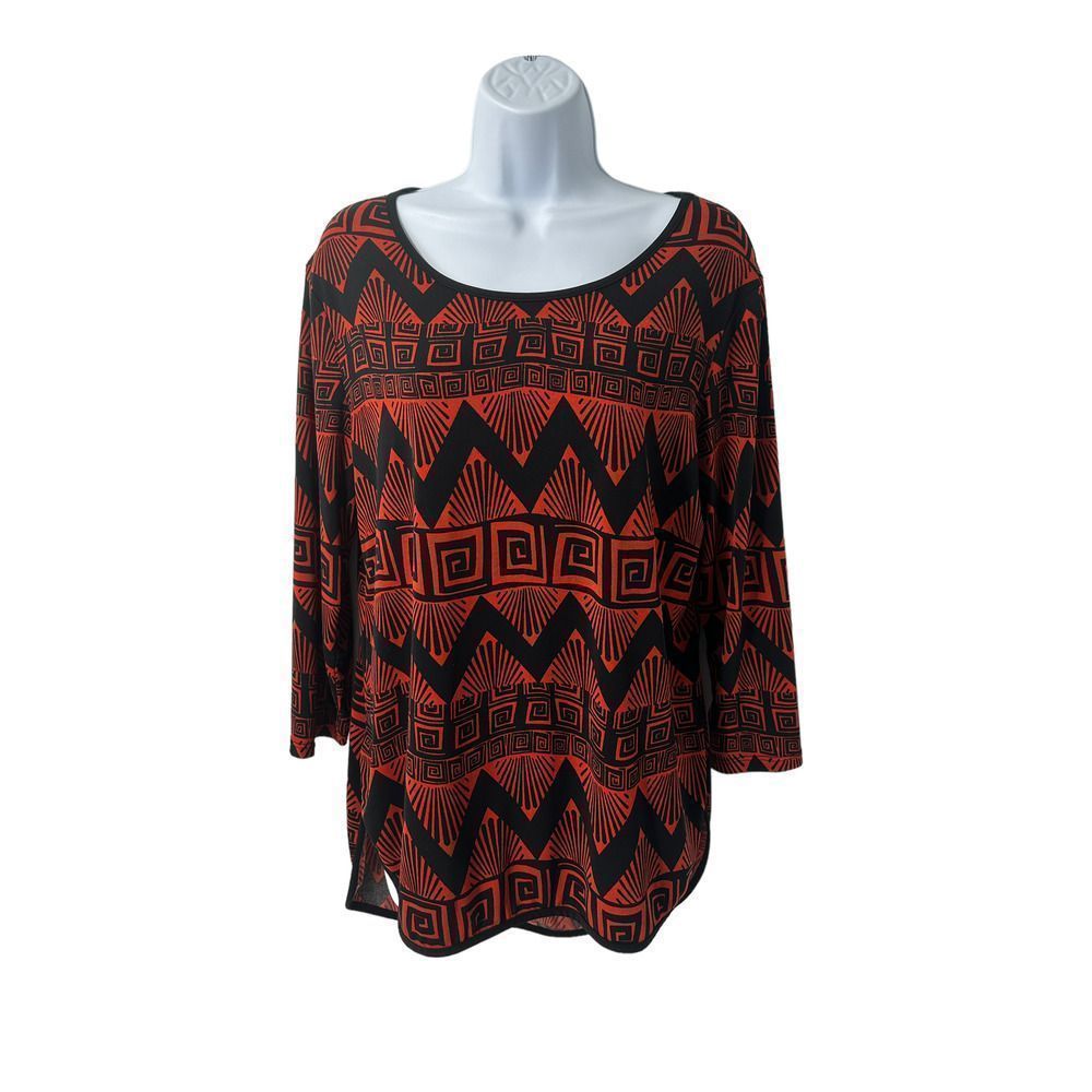 Cato‎ Orange/Black Printed 3/4 Sleeves Hi Low Tunic Top Small